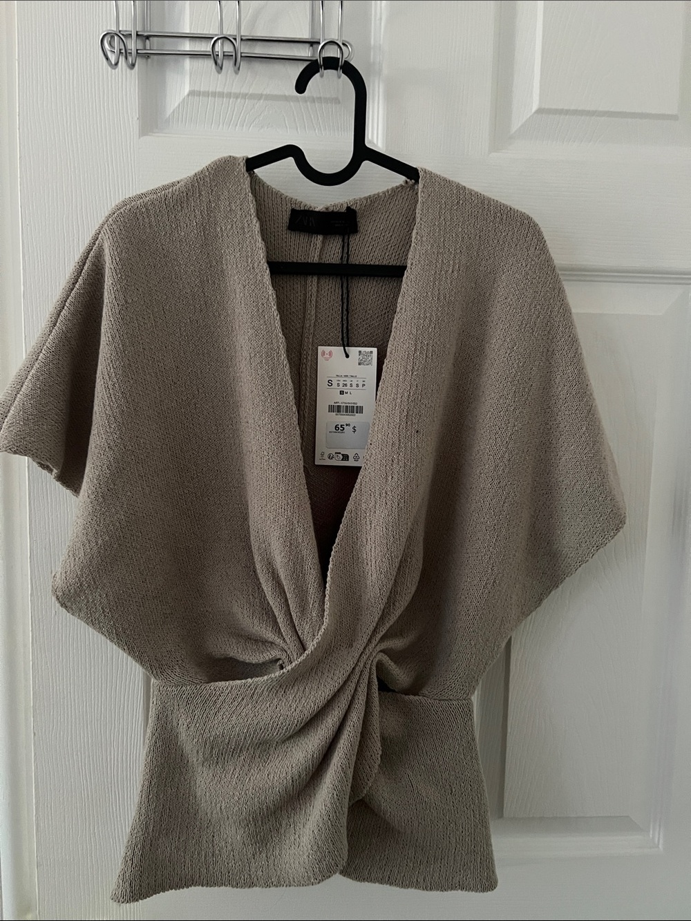 Zara Taupe Knot-Front Short-Sleeve Sweater